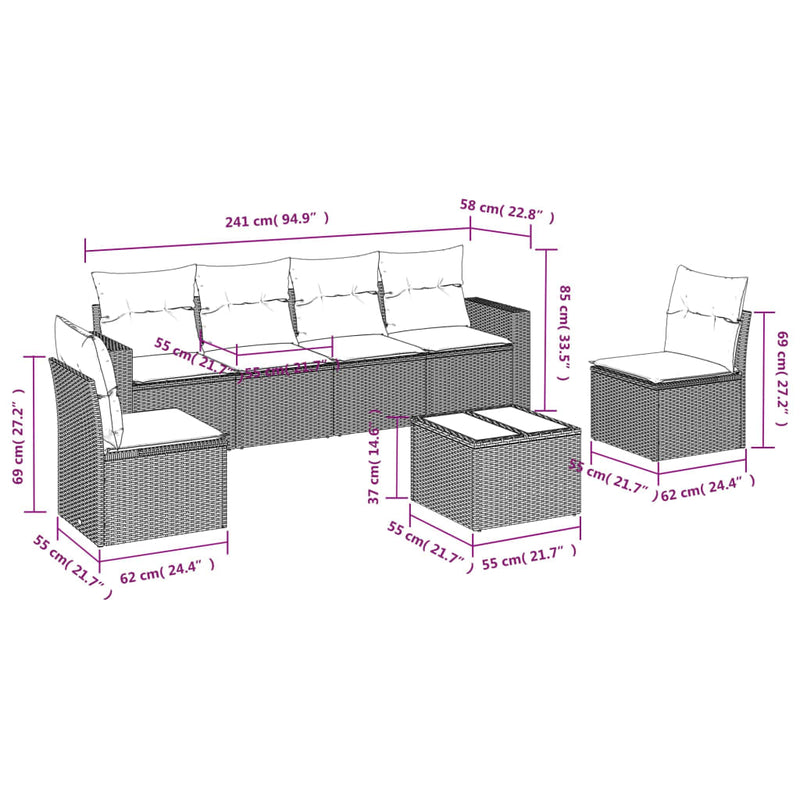 vidaXL 7 részes világosszürke polyrattan kerti ülőgarnitúra párnákkal