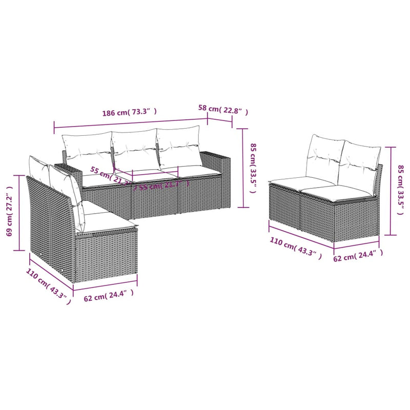 vidaXL 7 részes világosszürke polyrattan kerti ülőgarnitúra párnákkal