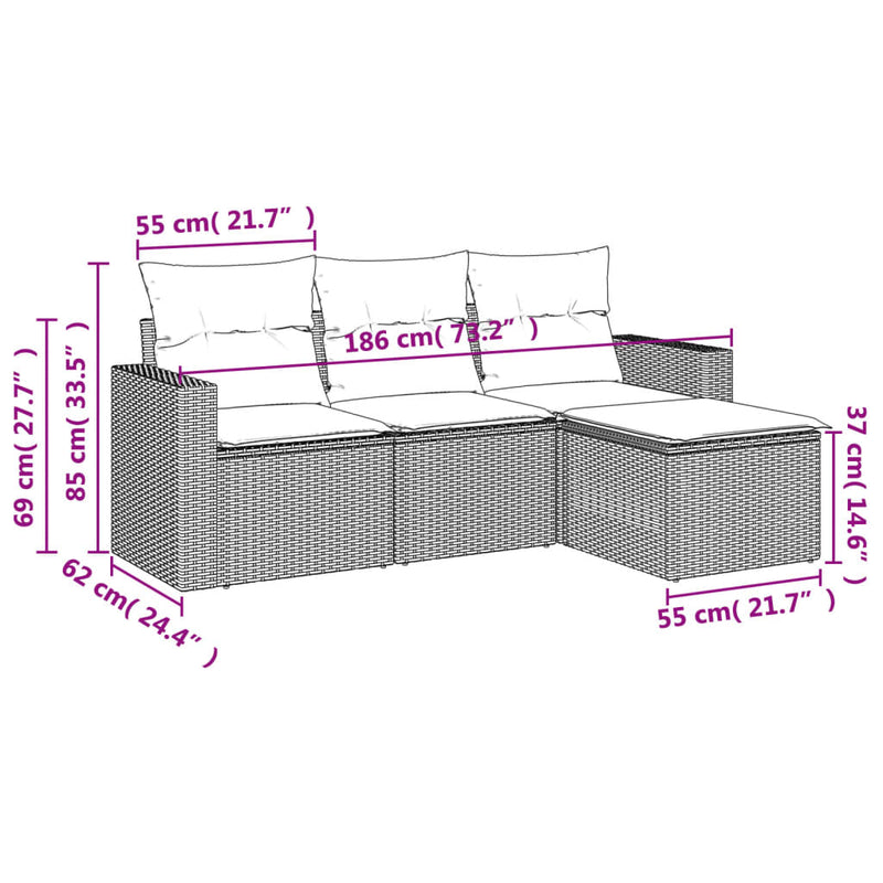 vidaXL 4 részes fekete polyrattan kerti ülőgarnitúra párnákkal