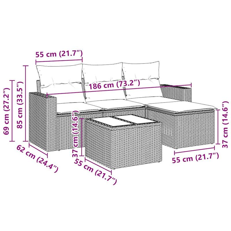 vidaXL 5 részes fekete polyrattan kerti kanapészett párnákkal