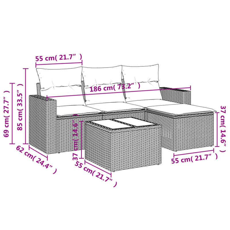 vidaXL 5 részes bézs polyrattan kerti ülőgarnitúra párnákkal