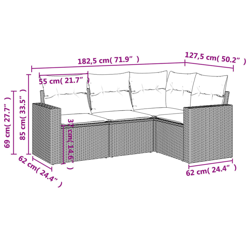 vidaXL 4 részes világosszürke polyrattan kerti ülőgarnitúra párnákkal