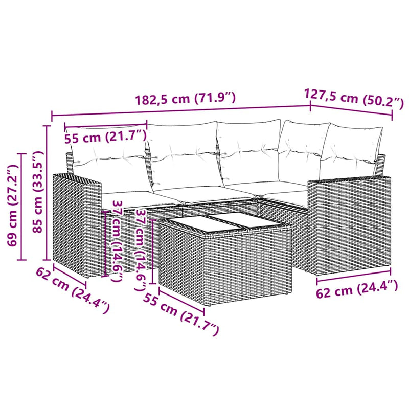 vidaXL 5 részes fekete polyrattan kerti kanapészett párnákkal