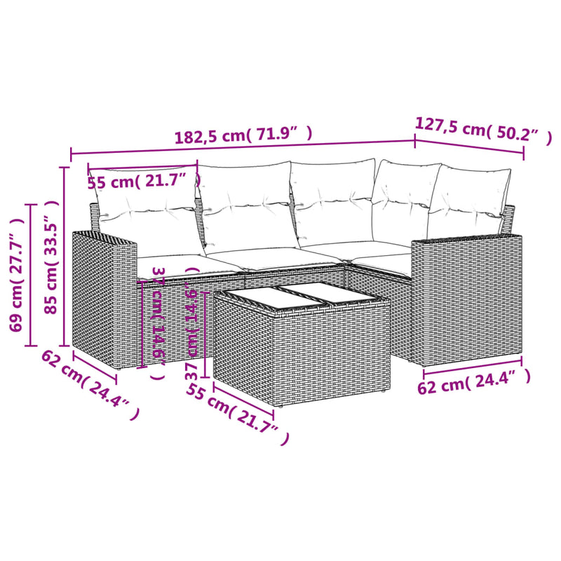 vidaXL 5 részes szürke polyrattan kerti ülőgarnitúra párnákkal