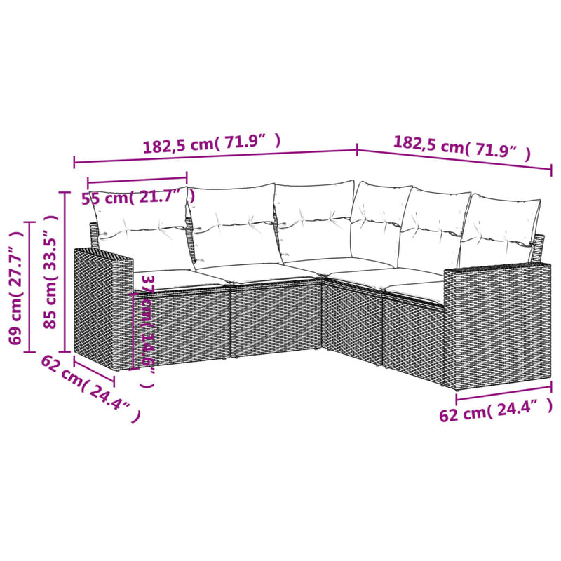 vidaXL 5 részes fekete polyrattan kerti kanapészett párnákkal