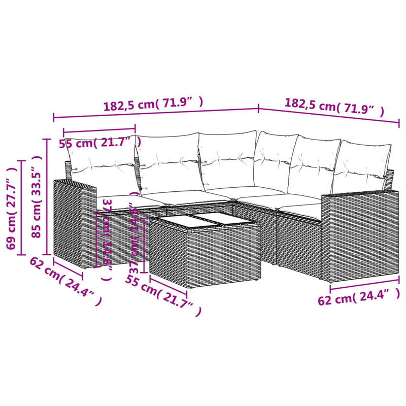 vidaXL 6 részes fekete polyrattan kerti ülőgarnitúra párnákkal