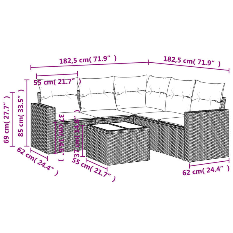 vidaXL 6 részes világosszürke polyrattan kerti ülőgarnitúra párnákkal