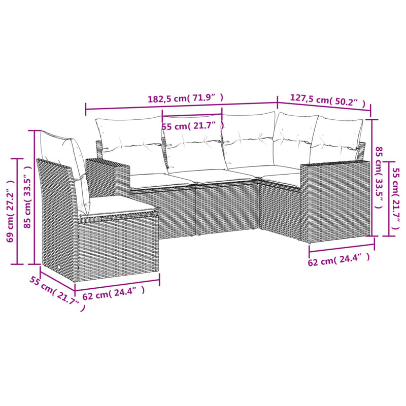 vidaXL 5 részes szürke polyrattan kerti ülőgarnitúra párnákkal