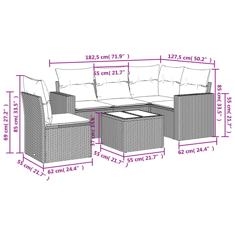 vidaXL 6 részes szürke polyrattan kerti ülőgarnitúra párnákkal