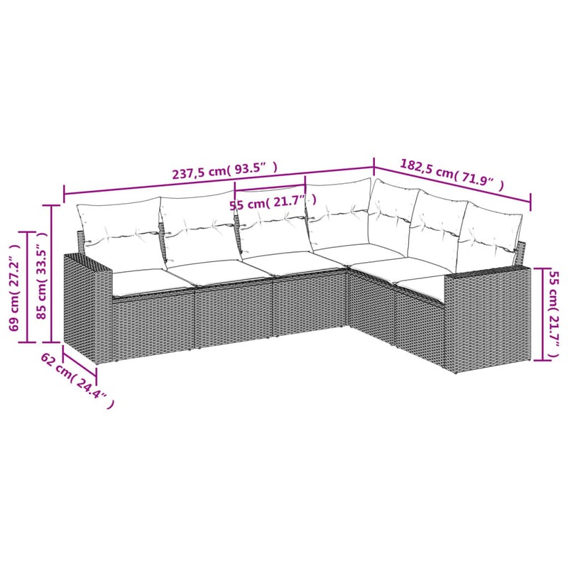 vidaXL 6 részes szürke polyrattan kerti ülőgarnitúra párnákkal