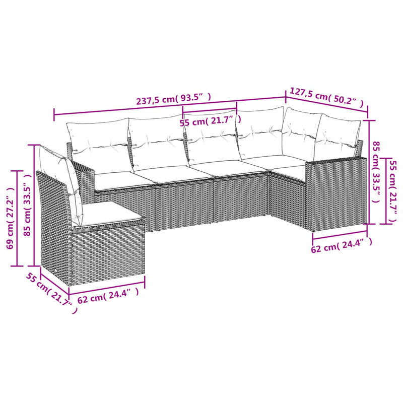 vidaXL 6 részes fekete polyrattan kerti ülőgarnitúra párnákkal