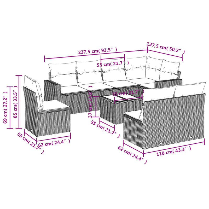 vidaXL 9 részes szürke polyrattan kerti ülőgarnitúra párnákkal