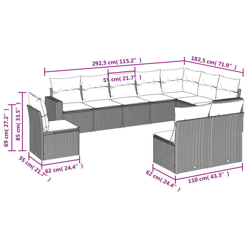 vidaXL 10 részes világosszürke polyrattan kerti ülőgarnitúra párnákkal