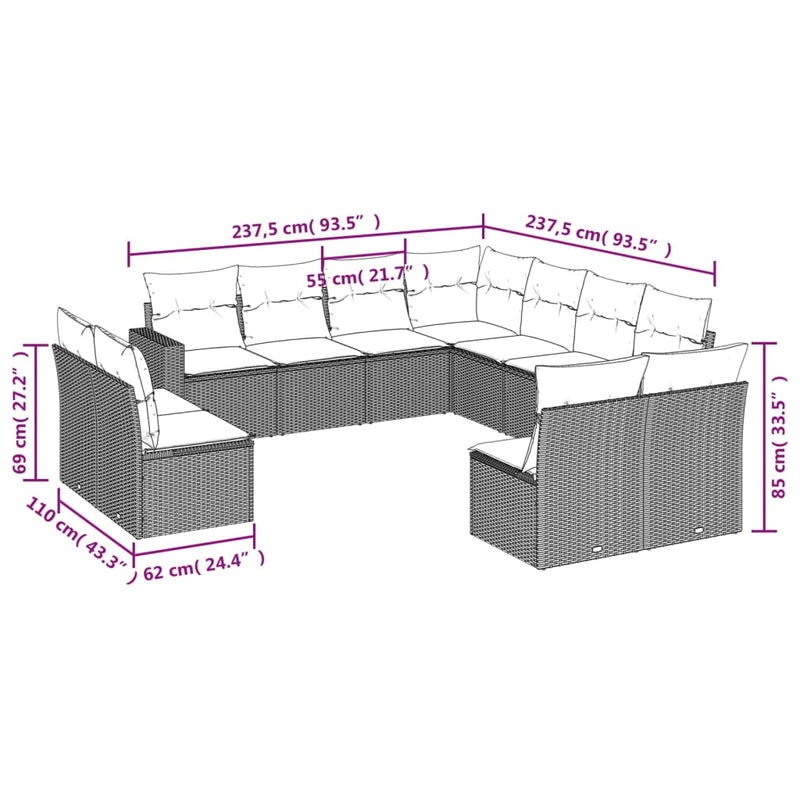 vidaXL 11 részes világosszürke polyrattan kerti ülőgarnitúra párnákkal