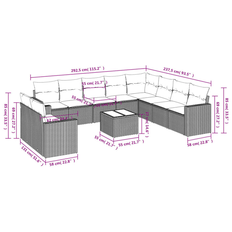 vidaXL 11 részes bézs polyrattan kerti ülőgarnitúra párnákkal