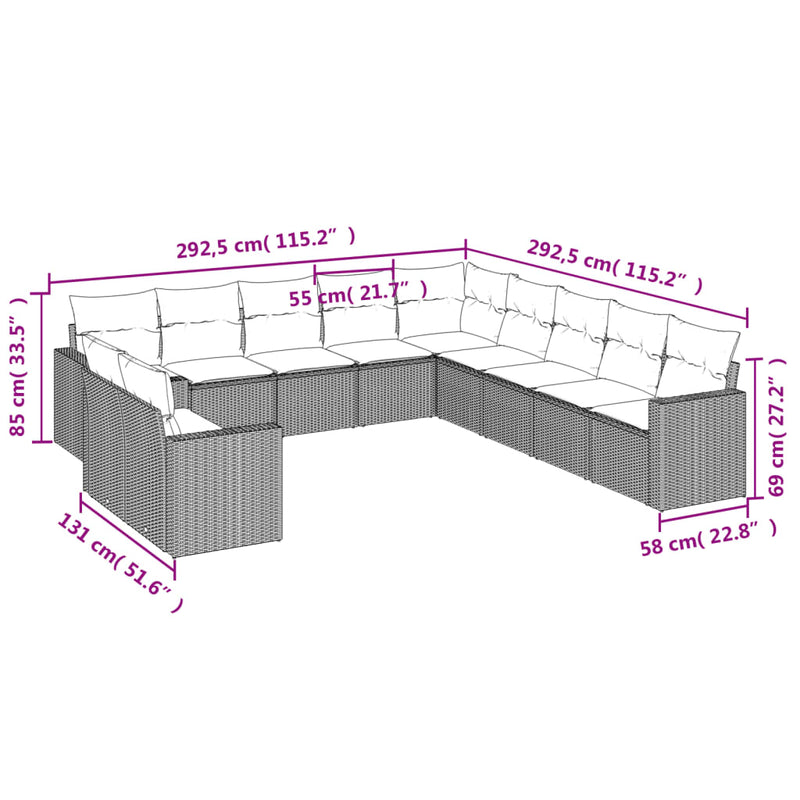 vidaXL 11 részes fekete polyrattan kerti ülőgarnitúra párnákkal