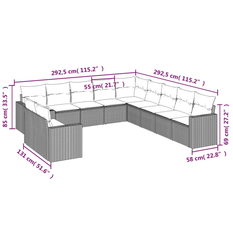 vidaXL 11 részes szürke polyrattan kerti ülőgarnitúra párnákkal