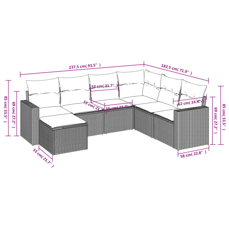 vidaXL 7 részes bézs polyrattan kerti ülőgarnitúra párnákkal