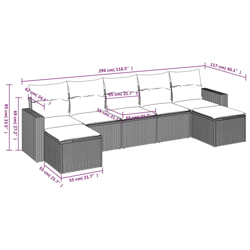 vidaXL 7 részes fekete polyrattan kerti ülőgarnitúra párnával