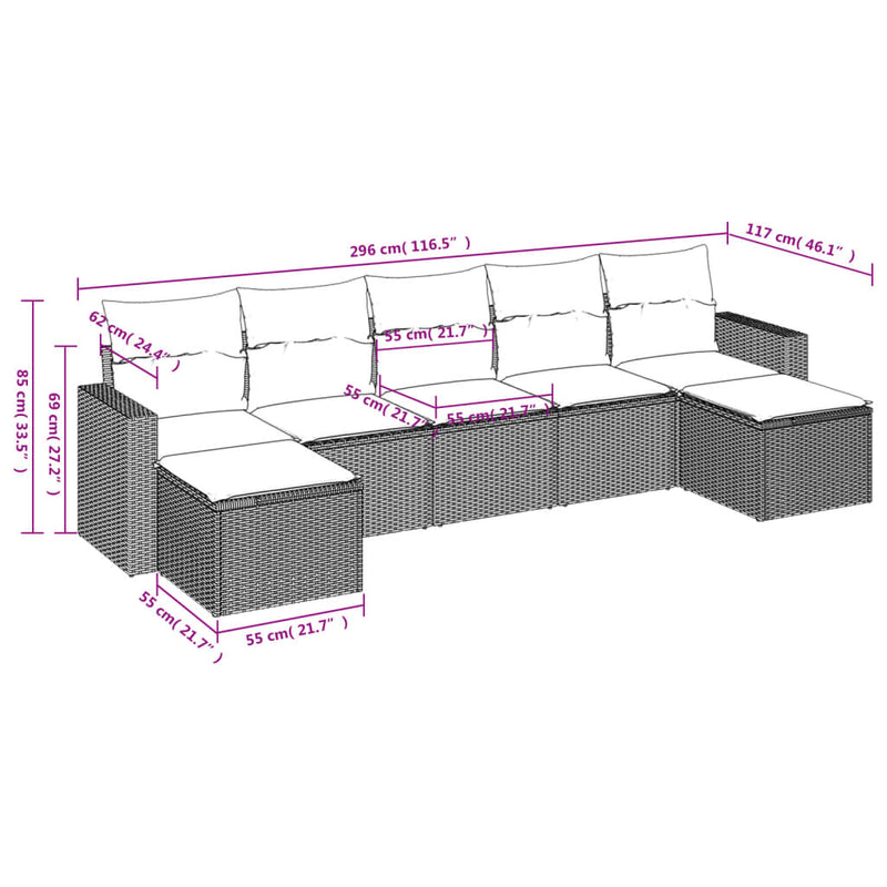 vidaXL 7 részes bézs polyrattan kerti ülőgarnitúra párnákkal