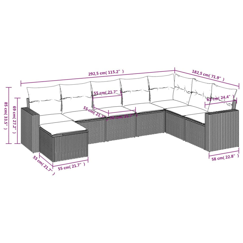 vidaXL 8 részes fekete polyrattan kerti ülőgarnitúra párnákkal