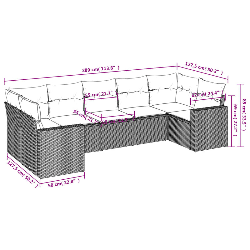 vidaXL 7 részes fekete polyrattan kerti ülőgarnitúra párnával