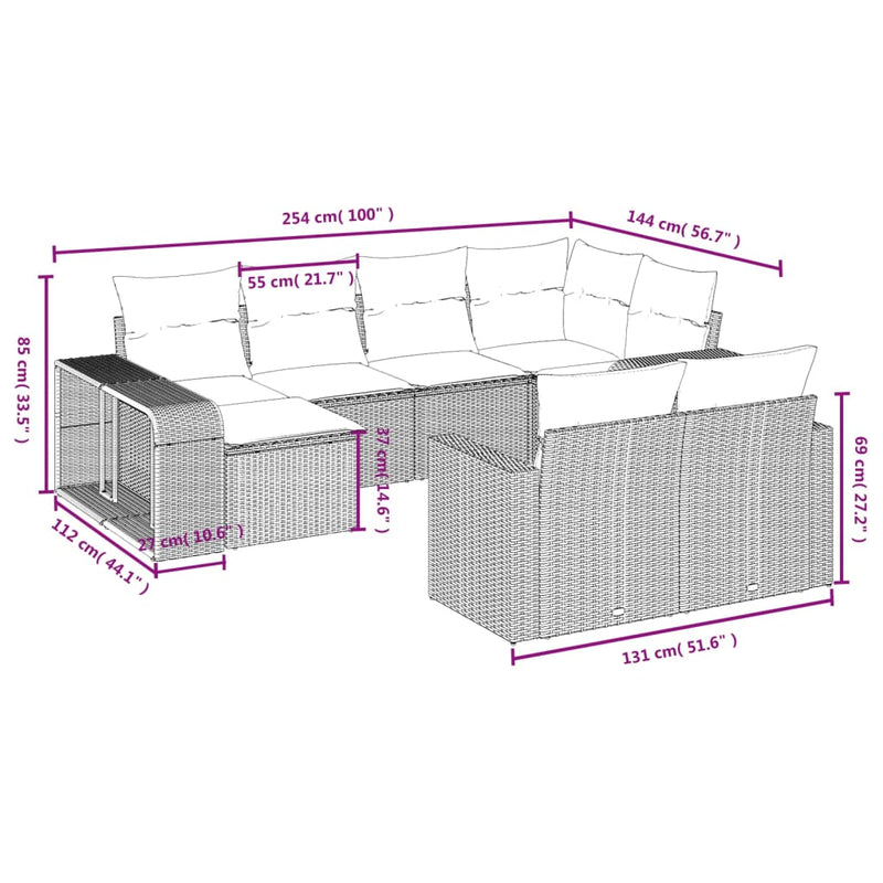 vidaXL 10 részes fekete polyrattan kerti ülőgarnitúra párnákkal