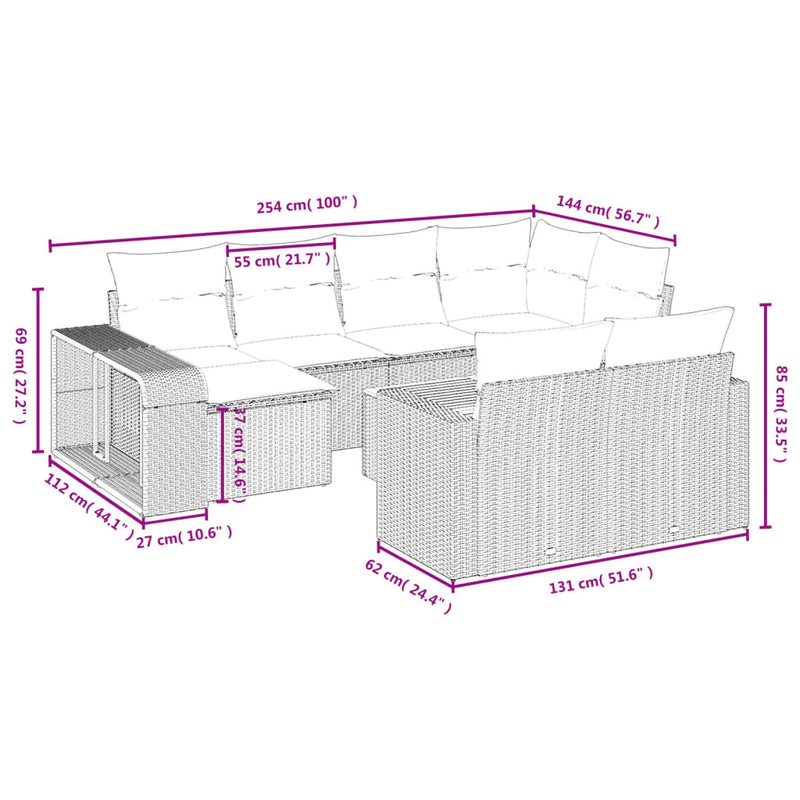 vidaXL 11 részes fekete polyrattan kerti ülőgarnitúra párnákkal