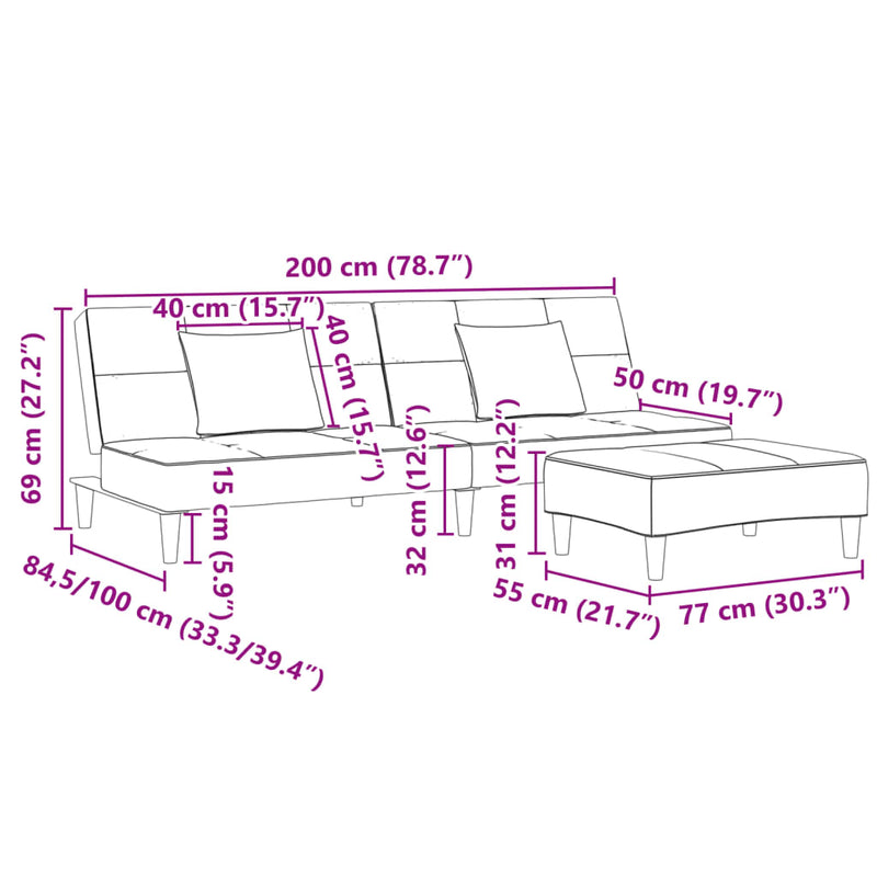 vidaXL 2 személyes kék bársony kanapéágy lábtartóval