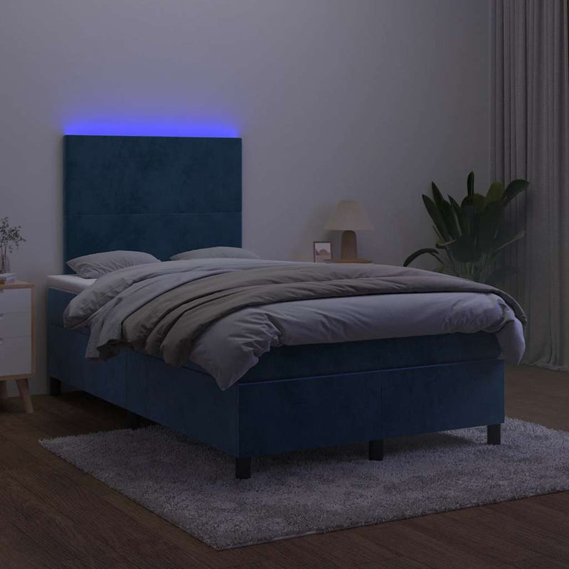 vidaXL sötétkék bársony rugós és LED-es ágy matraccal 120x190 cm