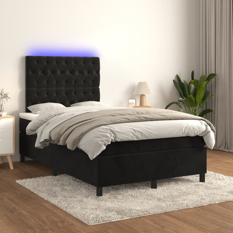 vidaXL fekete bársony rugós és LED-es ágy matraccal 120x190 cm