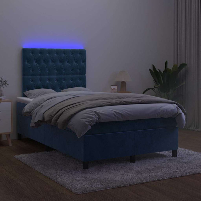 vidaXL sötétkék bársony rugós és LED-es ágy matraccal 120x190 cm