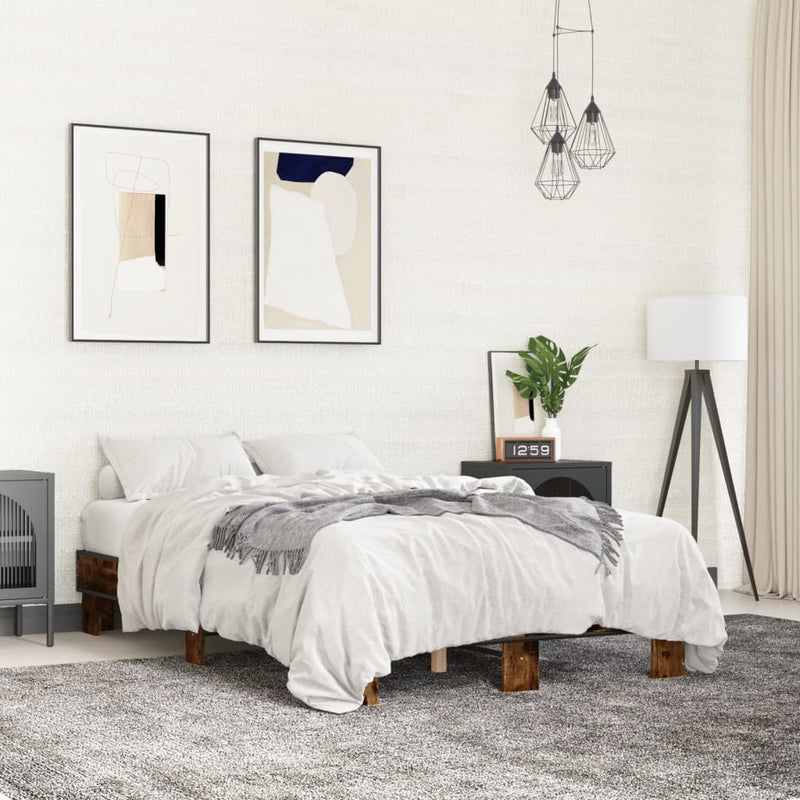 vidaXL füstös tölgyszínű szerelt fa és fém ágykeret 120 x 190 cm