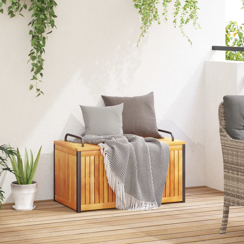 vidaXL tömör akácfa és acél kültéri párnatartó láda 85 x 45 x 45/53 cm