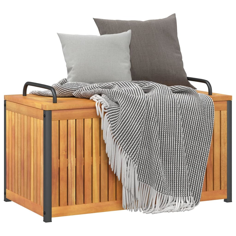 vidaXL tömör akácfa és acél kültéri párnatartó láda 85 x 45 x 45/53 cm