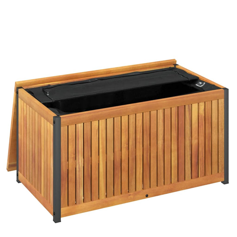vidaXL tömör akácfa és acél kültéri párnatartó láda 85 x 45 x 45/53 cm