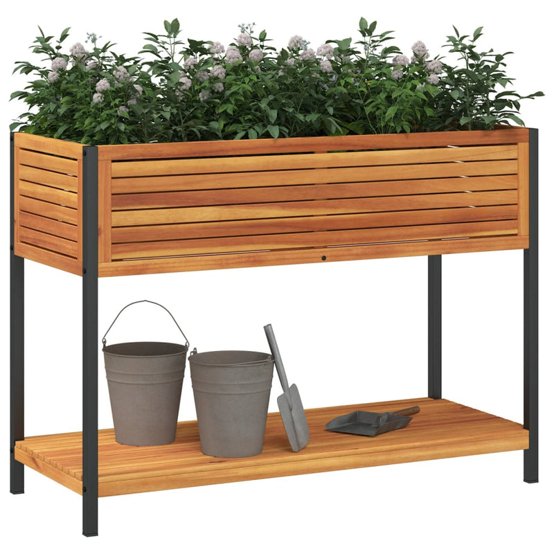vidaXL tömör akácfa és acél kerti virágtartó polccal 110 x 45 x 80 cm