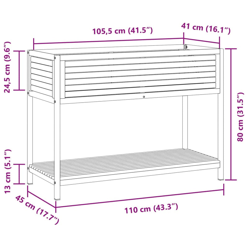 vidaXL tömör akácfa és acél kerti virágtartó polccal 110 x 45 x 80 cm