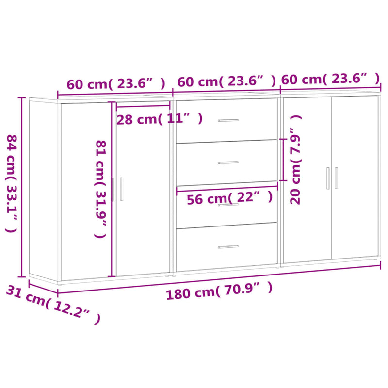 vidaXL 3 db betonszürke szerelt fa tálalószekrény 60 x 31 x 84 cm