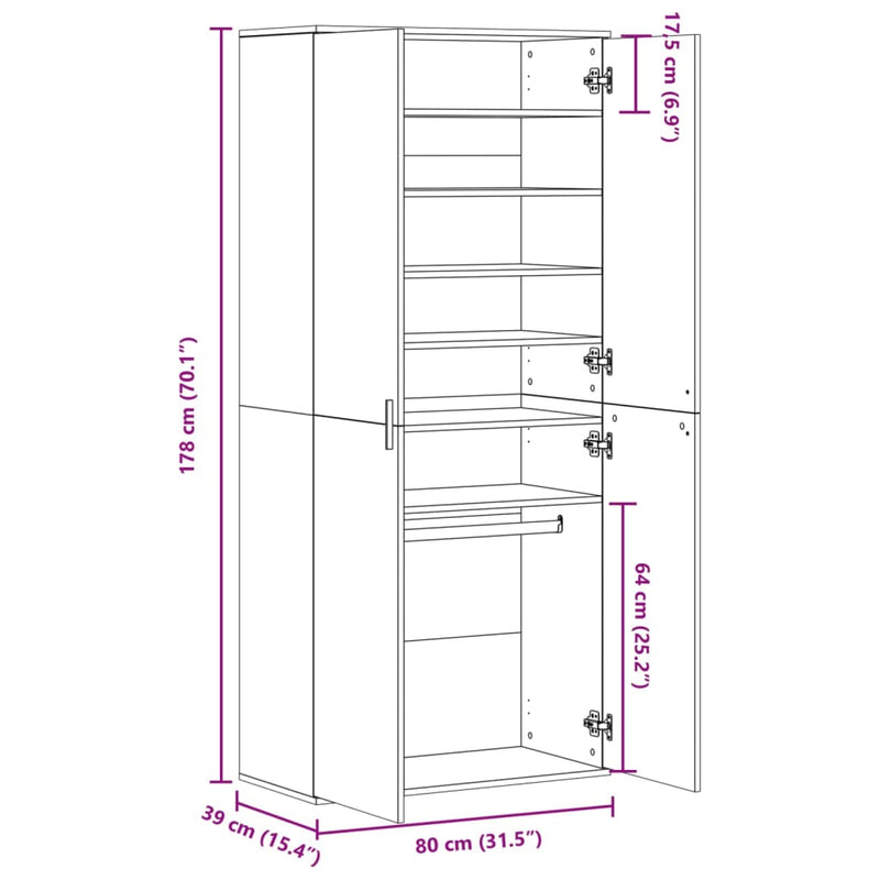 vidaXL fekete szerelt fa cipősszekrény 80 x 39 x 178 cm