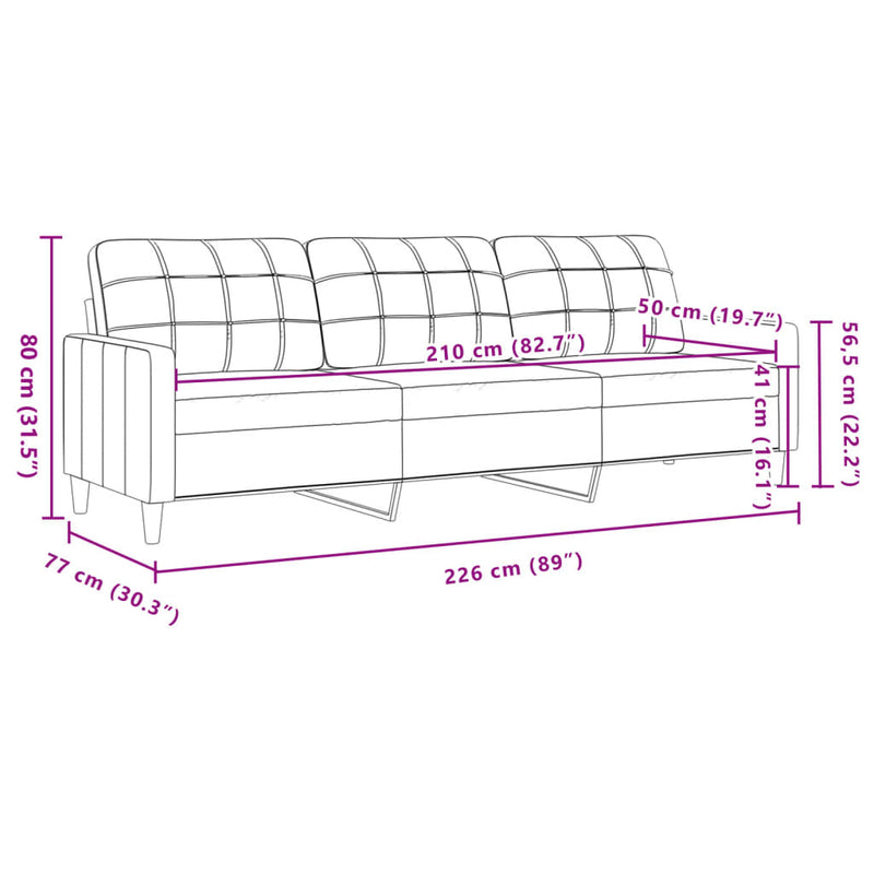 vidaXL 3 személyes krémszínű bársony kanapé 210 cm
