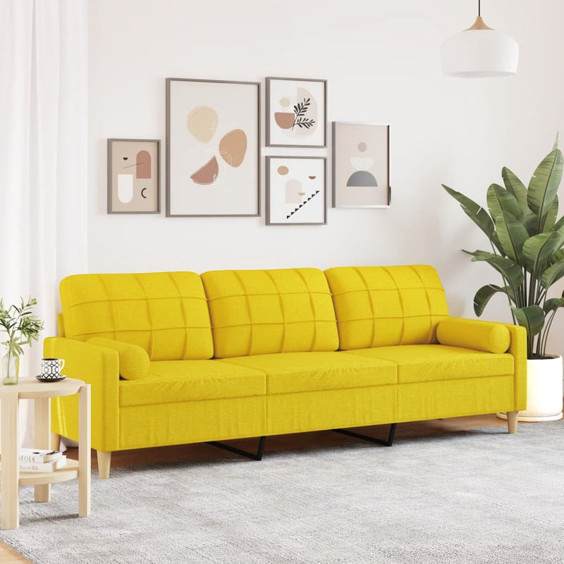 vidaXL 3 személyes világossárga szövet kanapé díszpárnákkal 210 cm