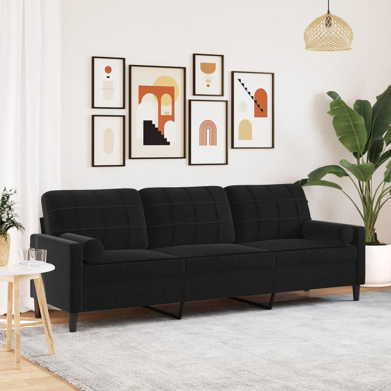 vidaXL 3 személyes fekete bársony kanapé díszpárnákkal 210 cm
