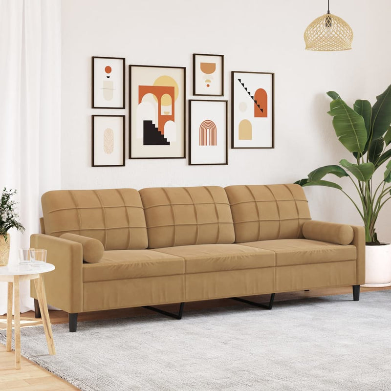 vidaXL 3 személyes barna bársony kanapé díszpárnákkal 210 cm