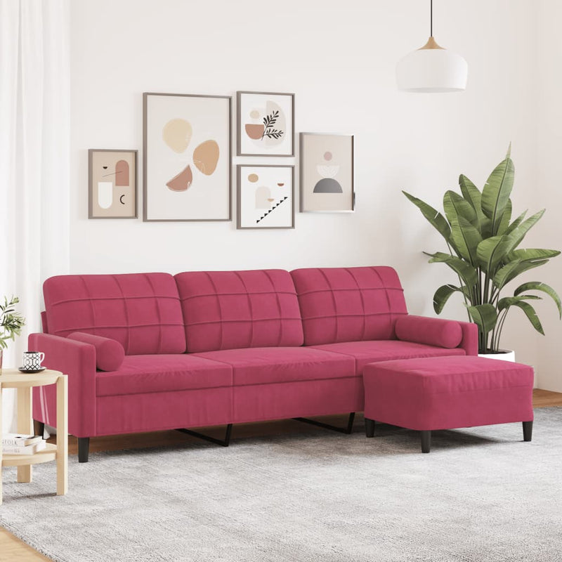 vidaXL 3 személyes bordó bársonykanapé lábtartóval 210 cm