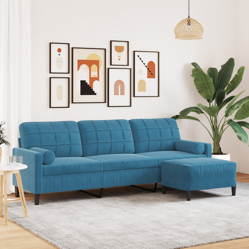 vidaXL 3 személyes kék bársonykanapé lábtartóval 210 cm