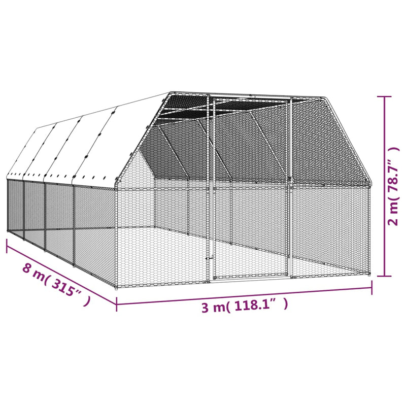 vidaXL horganyzott acél tyúkól 3x8x2 m