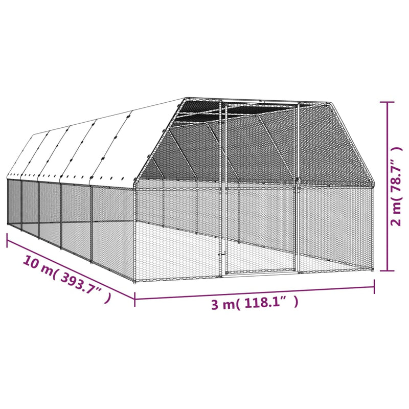 vidaXL horganyzott acél tyúkól 3 x 10 x 2 m