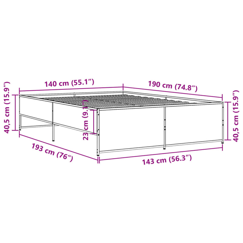 vidaXL füstös tölgy színű szerelt fa és fém ágykeret 140x190 cm