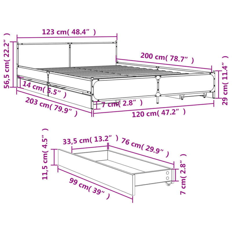 vidaXL sonoma tölgy színű szerelt fa ágykeret fiókokkal 120 x 200 cm